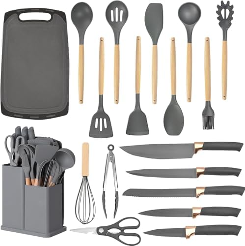 Kitchen Utensils Set & Knife Set with Block, 19 Piece All-in-One Cooking Set, 12 Nonstick Silicone Utensils + 5 Sharp Stainless Steel Chef Knives + Cutting Board, Dishwasher Safe Gift Set (Gray) - Image 2