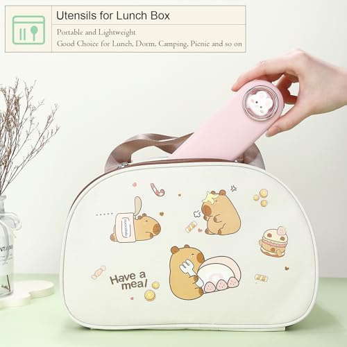 DEVICO Travel Utensils with Case Cute, Reusable Silverware for Lunch, 4Pcs Portable Cutlery Set, 18/8 Stainless Steel Fork Spoon Chopsticks in Cartoon Case, Dishwasher Safe (Pink) - Image 3