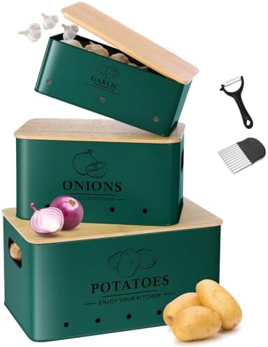 Kitchen Vegetable Storage Set of 3, Metal Onion Garlic Potato Storage Set, Kitchen Canisters Vegetable Keeper Containers with Aerating Holes and Bamboo Lid,Alpine Green by Dekosilave