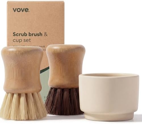 Vove Bamboo Dish Scrub Brush Set 3-Pack with Ceramic Holder by Vove