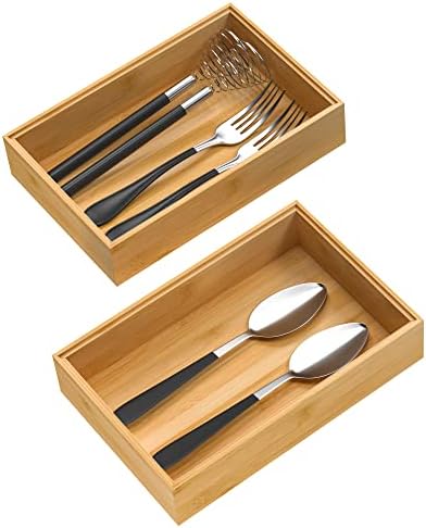 VeyFey Silverware Tray for Drawer, Stackable Kitchen Bamboo Drawer Organizer 9" x 6" x 2" Set of 2 by VeyFey