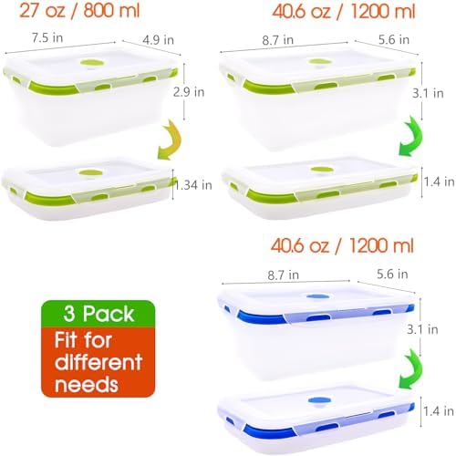 Collapsible Translucent Silicone Food Storage Containers With Lids, 3 Pack Foldable Bento Lunch Box, Reusable Medium Meal Boxes for Kitchen, Camping, BPA Free (40.6 OZ+40.6 OZ+27 OZ) - Image 2