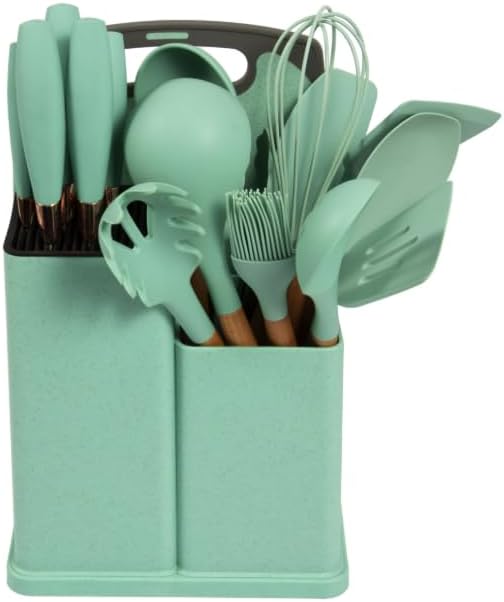 Silicone Kitchen Utensil Set, 19 Piece with Wooden Handles, Cutting Board, Storage Holder, Black Pink Gray Mint Green, Cooking Tools with Organizer (Green) by Unknown