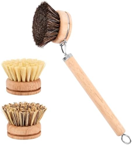 Bamboo Dish Brush Set, 1 Wooden Handle with 3 Natural Bristle Heads All Purpose Kitchen Scrub Brush with Sisal and Palm Horsehair for Cleaning Dishes Pans Vegetables(Color:Wood) by Unknown