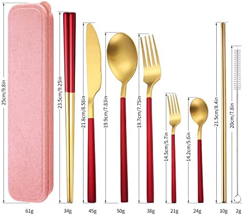 AARainbow 8 Pieces Stainless Steel Flatware Set Portable Reusable Cutlery Set Travel Utensils Set Including Chopsticks Knife Fork Spoon Straws Cleaning Brush Dishwasher Safe (B-Red Golden) - Image 2