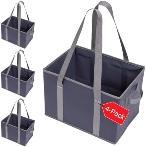 BAG-THAT! 4pk Reusable Grocery Bags Shopping Bags Tote Box Large Heavy Duty Groceries Bag Handles Foldable Reinforced Bottom (Navy Blue/Gray) by BAGTHAT