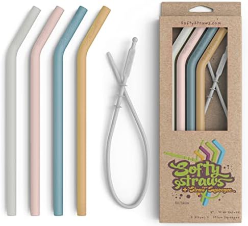 Premium Reusable Silicone Drinking Straws + Patented Straw Squeegee - 9” Long With Curved Bend for 20/30/32oz Tumblers - Neutral Pastel Colors, BPA Free, Flexible, Bendy by SoftyStraws