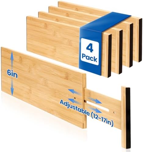 4 Pack 6" Deep Bamboo Drawer Dividers, 12-17" Expandable Kitchen Organizers by Leaforylife