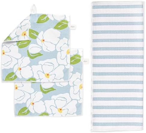 ELYN Microfiber Kitchen Dish Towel & Dish Cloth Set, Quick-Dry & Absorbent Waffle Weave Cleaning Cloths, Set of One Kitchen Towel & Two Washcloths, Paper Towels Alternative (Magnolias & Stripe) by ELYN