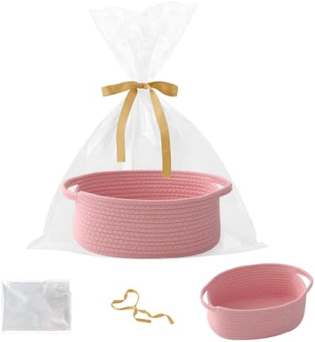 Pink Woven Rope Basket - Baby Gift Basket with Bag & Ribbon by HZFTJOY