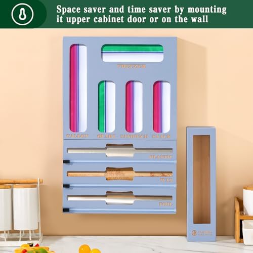 Calmbee 9 in 1 Bamboo Storage Bag Organizer for Kitchen Drawer – Plastic Wrap Dispenser with Cutter & Foil Organizer, Wooden Baggie Organizer for Sandwich, Snack, Gallon, Quart Sizes, Grey - Image 6