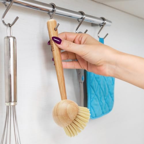 Lorzon 2 Pack Dish Brush with Handle, Bamboo Dish Scrub Brush, Kitchen Brushes for Dishes, Scrubber, Pots, Pans, Sink, Dishwashing Cleaning Brush - Image 3
