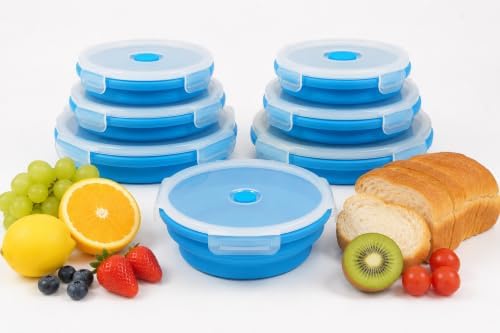 Plus 6PCS Foldable Silicone Food Storage Containers for Kitchen Storage for Leftovers Fruits and Meal Prep Dishwasher Safe Microwave Safe Ideal for Home and Travel (blue, round) by TZCOBLI