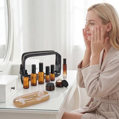 Segbeauty 8pcs Amber Travel Toiletry Containers with Clear Bag, Refillable Travel Skincare Containers Spray Dropper Bottle Perfume Atomizer, Lotion Container Jar Empty Amber Glass Creams Pump Bottle - Image 5