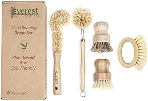 Eco Friendly Kitchen Dish Cleaning Set - Biodegradable & Highly Durable - 5 Piece Set - Coconut, Sisal, Palm Fibers - Brown Wooden Handle by EverestEcoProducts