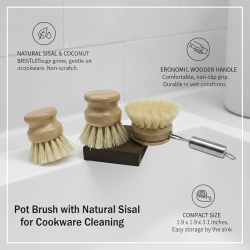 Natural Sisal & Coconut Pot Brush with Wooden Handle - Eco-Friendly Dish Scrubber for Cast Iron, Stainless Steel Cookware (1 Pack) - Image 4