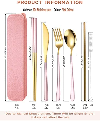 AARAINBOW 6 Pieces 18/8 Stainless Steel Flatware Set Portable Reusable Cutlery Set Travel Utensils Set Including Chopsticks Knife Fork Spoon Straws Cleaning Brush Dishwasher Safe (Pink golden) - Image 2