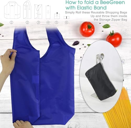 BeeGreen 20 Pack Reusable Grocery Bags w Storage Pouch Reusable Shopping Bags Bulk w Elastic Band Colorful 50LBS X-Large Foldable Fabric Bags Machine Washable Heavy Duty Tote Bags for Groceries - Image 6