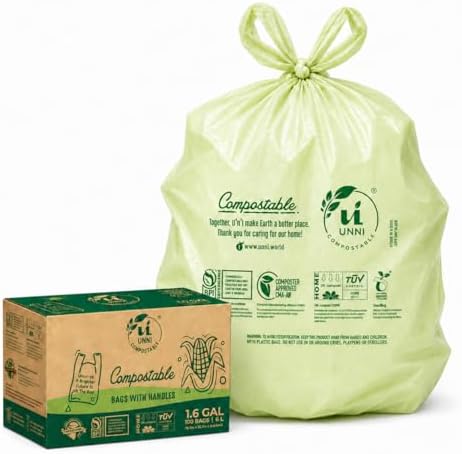 UNNI 1.6 Gallon Compostable Bags with Easy-Tie Handles, 6 Liter, 200 Count by UNNI