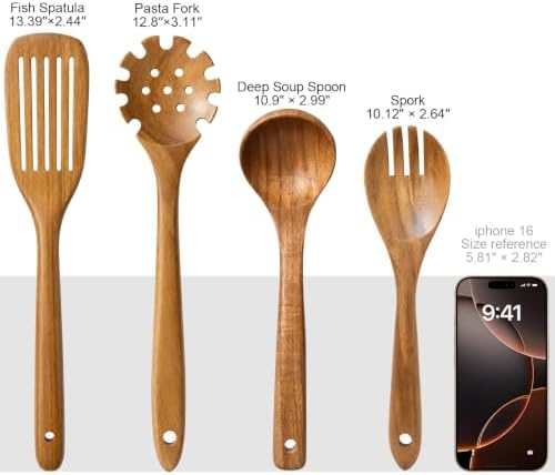 Wooden Spoons for Cooking, 4-Piece Teak Wood Kitchen Utensil Set, Nonstick Safe Wooden Cooking Utensils-Includes Soup Ladle, Pasta Spoon, Slotted Spoon, Salad Fork, for Everyday Meals(A04) - Image 7