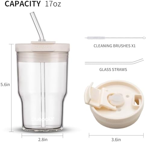 BLUEPOLAR 16oz/480ml Iced Coffee Cups With Lids And Straws,Reusable Leakproof Glass Tumbler,Water Bottles,Cold Brew,Drinking Jars For Juicing,Matcha,Tea,Smoothie For Travel,Office (Off-White) - Image 2