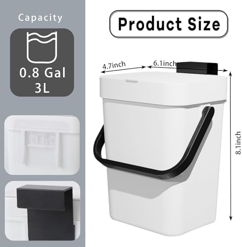 Compost Bin Kitchen, for use on Countertops or Under Sinks, Hanging Trash Can with Lid, Mountable Indoor Compost Bucket, for Cupboard/Bathroom/Bedroom/Office/Camping (White 0.8 Gallon/3L) - Image 2