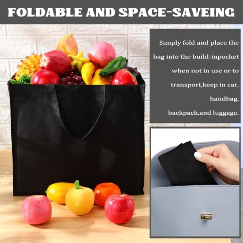 Zhehao 60 Pcs Reusable Grocery Bags Bulk Large Foldable Shopping Tote Bags Non Woven with Handle and Plastic Button(Black) - Image 6