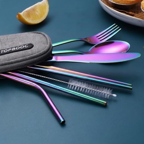 Portable Stainless Steel Flatware Set, Travel Camping Cutlery Set, Portable Utensil Travel Silverware Dinnerware Set with a Waterproof Case (Rainbow) - Image 3