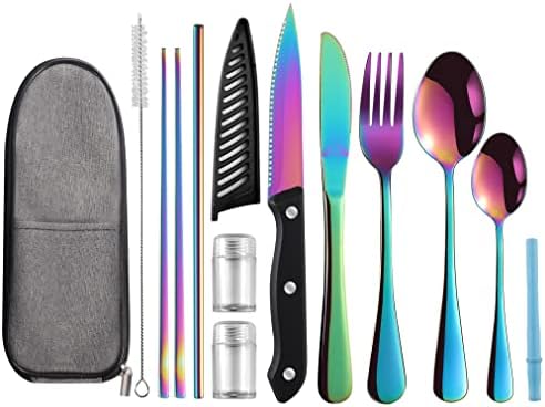 Logcow Travel Utensils Set with Case, 10-Piece Reusable Stainless Steel Camping Cutlery, Portable Fork Spoon Knife Chopsticks & Straw for Work, Lunch, Picnic (Rainbow) by Logcow
