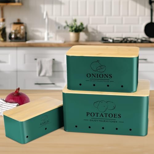 Kitchen Vegetable Storage Set of 3, Metal Onion Garlic Potato Storage Set, Kitchen Canisters Vegetable Keeper Containers with Aerating Holes and Bamboo Lid,Alpine Green - Image 2