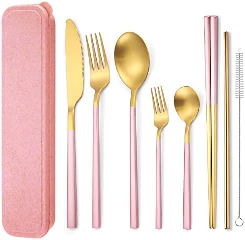 AARAINBOW 6 Pieces Stainless Steel Flatware Set Portable Reusable Cutlery Set Travel Utensils Set Including Chopsticks Knife Fork Spoon Straws Cleaning Brush Dishwasher Safe (B-Pink golden) by AARAINBOW