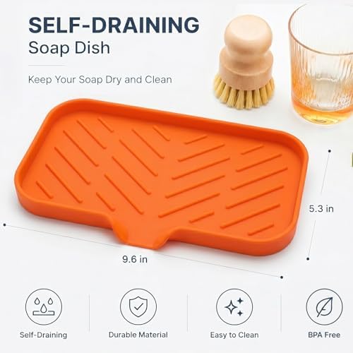 MicoYang Silicone Soap Dish with Drain Spout — Self-Draining Sink Organizer Tray for Bathroom & Kitchen, Sponges, Dispensers & Soap Holder, Non-Slip & Dishwasher Safe, Orange (Medium, 9.6"×5.3") - Image 2