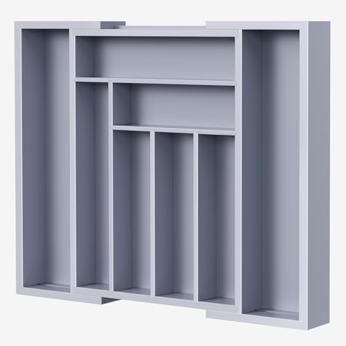 Pipishell Bamboo Expandable Drawer Organizer for Utensils Holder, Adjustable Cutlery Tray, Wood Drawer Dividers Organizer for Silverware, Flatware, Knives in Kitchen, Bedroom, Living Room(Grey) by Pipishell