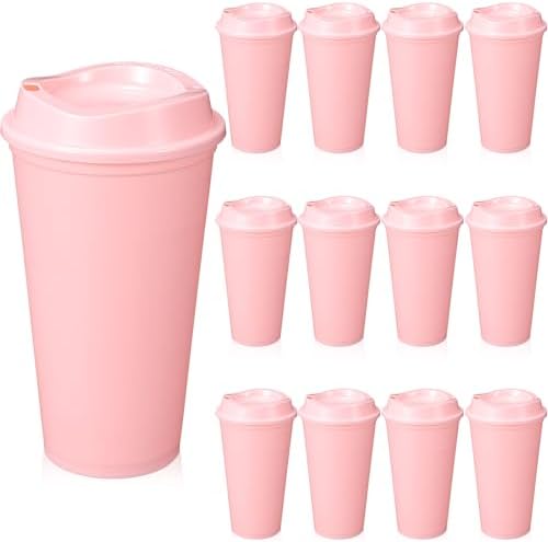 12 Pcs 16 Oz Reusable Coffee Cups with Lids - Plastic Travel Hot Cups Bulk Coffee Tumblers for DIY Hot Cold Drinks Party Favors Coworker (Pink) by Unknown