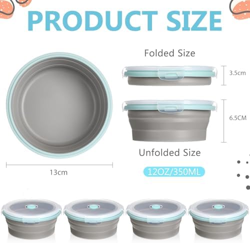 Suclain 4 Pcs Collapsible Bowls with Lids Silicone Camping Food Storage Container Expandable Folding Salad Lunch Box Travel Container for Hiking Camping - Image 2