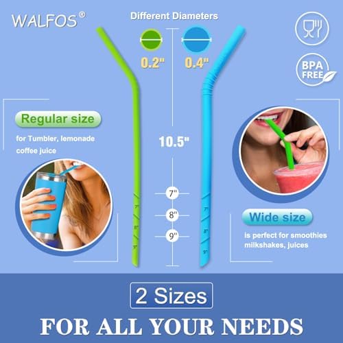 Walfos Reusable Silicone Straw - 2 Size Flexible Drinking Bendy Straws for Smoothies/20 & 30 oz Tumblers, BPA Free (4 Wide Straws + 4 Regular Straw + 2 Cleaning Brushes Excluding storage bag） - Image 2