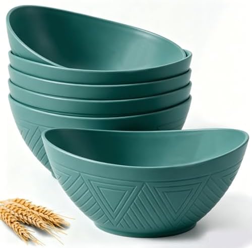 Homienly Salad Bowls 6 PCS Wheat Straw Bowls - 60oz Large Serving Bowl - Microwave and Dishwasher Safe Centerpiece Bowl Big Soup Bowl for Kitchen, Camping, Picnic, Party, Popcorn Bowl Set - Green by HOMIENLY