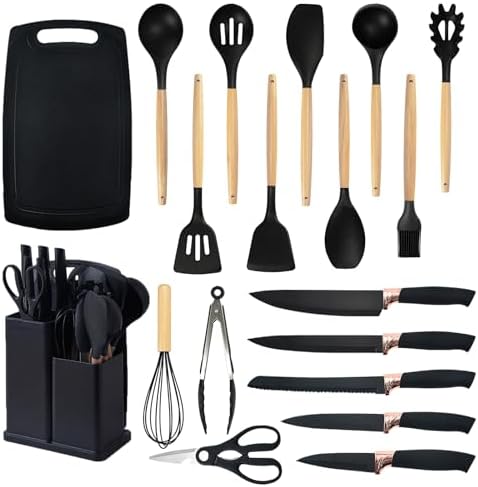 Cooking Utensils Set,19 Kitchen Set Utensils Set with 11 Pieces Spatula Cooking Utensils,Heat Resistant Silicone Utensils 6 Piece Sharp Knife Set 2 Pieces Utensil Cutting Board (Black 19 PCS Set) by SHUNIKING