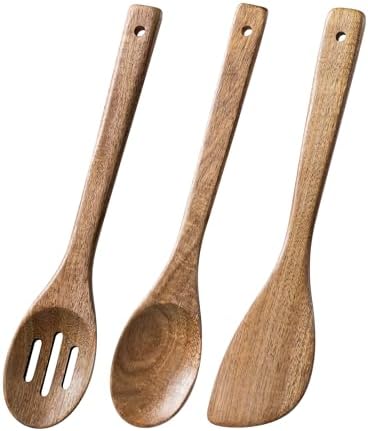 Wooden Spoons for Cooking, 3-Piece Acacia Wood Cooking Utensil Set by HEFILD