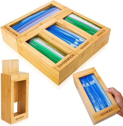 mHomeAid Bag Storage Organizer - Bamboo Food Plastic Baggie Holder, Dispenser, and Container for Kitchen Drawer - Fits Ziplock and Ziploc Gallon, Quart, Sandwich & Snack Sized Slider Bags (Bamboo) by mHomeBilt