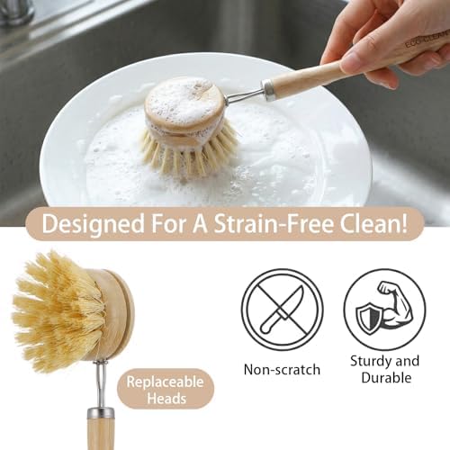 7-Piece Bamboo Dish Brush Set, Natural Kitchen Scrub Brush Kit with Wooden Handle for Pots, Pans, Vegetables, Eco-Friendly Cleaning Tools - Image 3