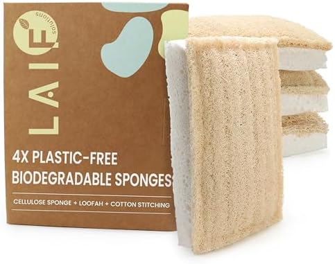 Natural Kitchen Sponges – Eco-Friendly, Compostable Dish Sponges – Loofah & Cellulose Scrubbers – Plastic-Free, Zero-Waste, Biodegradable – Durable, Non-Scratch – Pack of 4 by LAIF
