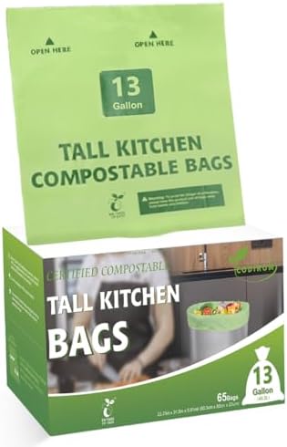 100% Compostable Trash Bags, 13 Gallon, 49.2 Liter, 0.91 Mils, 65 Count Kitchen Tall Food Scrap Compost Bags for Tall Kitchen Trash Cans with Europe EN13432 Certified by Codirom