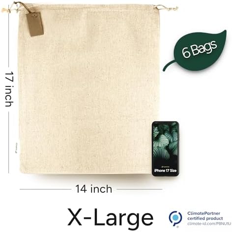 LEAFICO Cotton Storage Bags – X-Large 14x17 Inch (6-Pack) – Reusable Muslin Bags with Drawstrings – Biodegradable Canvas Fabric Sacks – Perfect for Bread, Bulk Produce, Potatoes, Onions, Shoes - Image 2