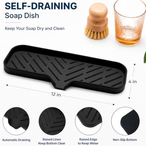 MicoYang Silicone Soap Dish with Drain Spout — Self-Draining Double Sink Organizer Tray for Kitchen & Bathroom, Dispensers, Sponges & Soap Holder, Non-Slip & Dishwasher Safe, Black (Large, 12"×4") - Image 2