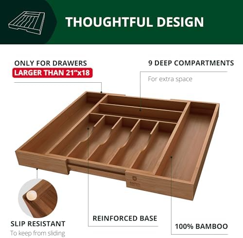 ROYAL CRAFT WOOD Luxury Bamboo Kitchen Drawer Organizer - Silverware Organizer - Utensil Holder and Cutlery Tray with Grooved Drawer Dividers for Flatware and Kitchen Utensils (9 Slot, Brown Bamboo) - Image 4