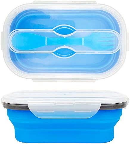 CARTINTS 800ml Collapsible Bento Lunch Box, Silicone Food Storage Container, with Leakproof Lids and Spoon, Microwave Freezer Safe, Blue by CARTINTS