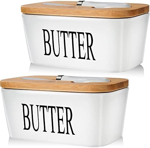 Ceramic Butter Dish with Lid and Knife & Silicone Seal 200ml 2 Pack White by AISBUGUR