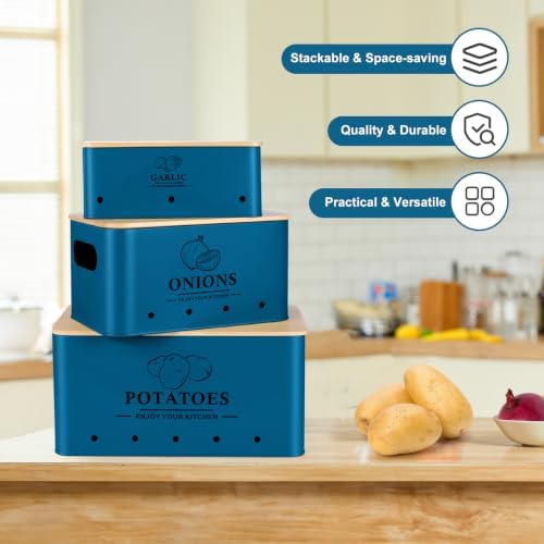 Kitchen Vegetable Storage Set of 3, Metal Onion Garlic Potato Storage Set, Kitchen Canisters Vegetable Keeper Containers with Aerating Holes and Bamboo Lid,Dark Blue - Image 5