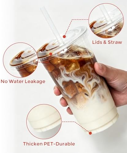 Ginkgo 32 oz Clear Plastic To Go Cups with Lids and Straws - Image 3